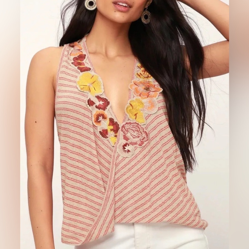 Free People Frida Tank in Neutral Sleeveless Top with Floral Embroidery Medium
